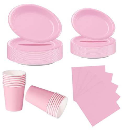 LAWALEISHE 96pcs Pink Party Tableware Set, Disposable Pink Paper Plates, Cups and Napkins, Solid Color Paper Tableware for Weddings, BBQ and Birthday Parties, Table Decorations