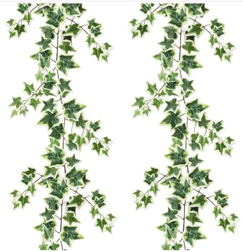 2 Pcs Artificial Ivy Garland, Fake Ivy Garland Decorations for Room Garden | Silk Hanging Fake Vines UV Resistant Green Leaves Fake Plants for Indoor Outdoors Wedding Arch Wall Decor (White Green)
