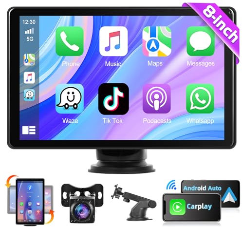 Podofo Radio de Coche Carplay Inalámbrica Android Auto Portátil Pantalla CarPlay IPS de 8 Pulgadas con Pantalla Horizontal y Vertical, Bluetooth, Navegación en Tiempo Real, Siri y AUX Driveplay