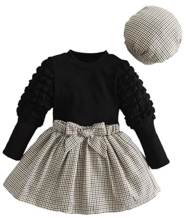 HEOXIN Toddler Baby Mädchen Plaid Kleid, Mini Rock + Tops + Tartan Hut 3PCS Set, A Line Prinzessin Kleid mit Niedlichen Bowknot, Puff Sleeve Tops und Hut für Kinder Kleinkind 4-5 Jahre, Schwarz