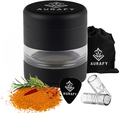 AURAFY Herb Grinder 5-Piece Manual Spice Grinder Mill Premium Aluminum Crusher with Curved Design, See-Through Window, Removable Screen, Glass Tips, Storage Bag & Picker Tool (Matte Black)