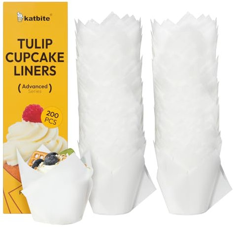Katbite Pirottini per cupcake a tulipano, 200 pezzi, per muffin, ProSmooth bianco