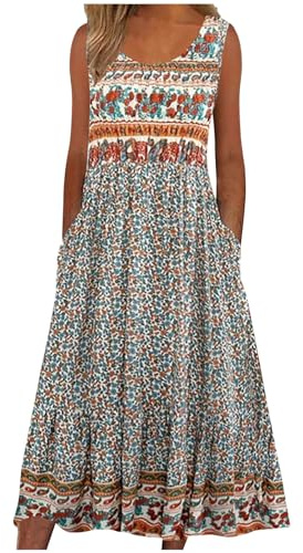 Women's Summer Casual Dresses Sale Clearance Basic Dresses Ladies Fashion Sexy Sleeveless Pockets Round Neck Floral Print Dress Loose Beach Holiday Vacation Bohemian Midi Sundress Beachdress Dress