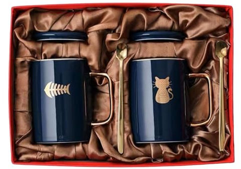 Tazza in ceramica creativa e personalizzata, coppia di bicchieri con coperchio, cucchiaio, tazza da tè - doppia tazza - gatto + pesce