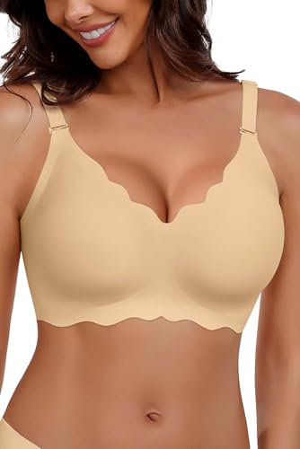 HORISUN Bra for Women, Non Wired Seamless Wireless Push Up Bras Comfortable Support Lift Full Coverage Bralettes Everyday Plus Size Bras Beige L