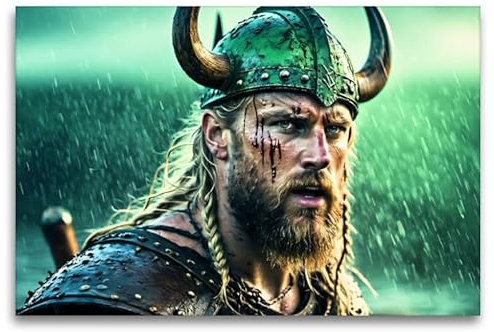 Premium Textil-Leinwand 120 x 80 cm Querformat Vom Kampf gezeichneter Wikinger mit gehörntem Helm im Schein des Nordlichts | Wandbild, HD-Bild auf Keilrahmen, Wanddekoration, Kunstdruck von Renate Utz