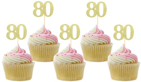 Sotpot 30PCS Gold Glitter 80th Birthday Cupcake Toppers Cheers to 80 Years Cupcake Picks for 80th Birthday Anniversary Party Decorations