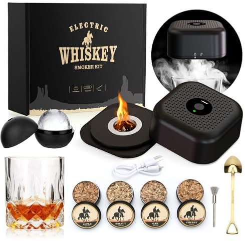 Elektrischer Whisky Smoker Set mit 4 Holzchips, Whisky Gläser & Eisball-Form, Wiederaufladbare Cocktail Smoker Kit, Drink Smoke-r Geschenk für Vater, Cocktail Liebhaber