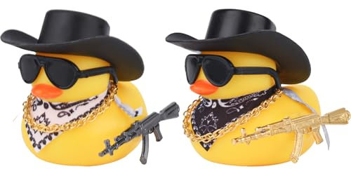 BOXOB 2pcs Canard Tableau de Bord Voiture, Décoration d'Intérieur de Voiture Amusante avec Chapeau Cowboy Collier Doré et Lunettes Soleil Accessoires Automobiles Tendance pour Bureau Maison