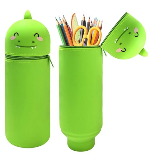 MEISHANG Federmäppchen Silikon-Dinosaurier,18 Modelle zur Auswahl,2 in 1 Weiche Silikontasche,Mäppchen Tier 18,5 cm Hoch, Reißverschluss und Ausdehnbar,Stifte Mäppchen für Mädchen Junge(Grün)