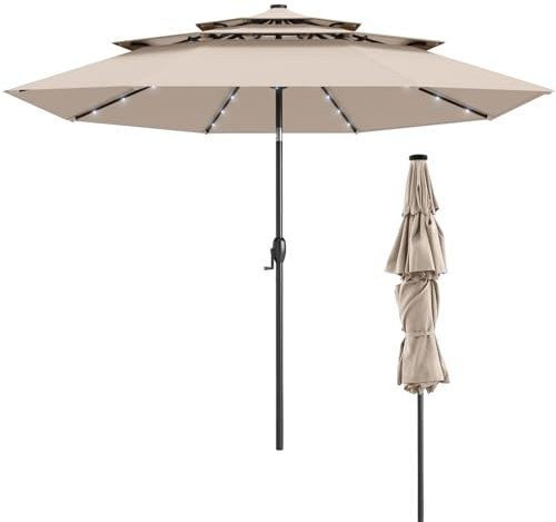 KOMFOTTEU Sombrilla de Jardín con 32 Luces LED, Parasol Terreza Exterior con Techo Ventilado de 3 Niveles, Panel Solar y Manivela, Sombrilla de Patio Inclinable de 35° con 8 Varillas (Beige)
