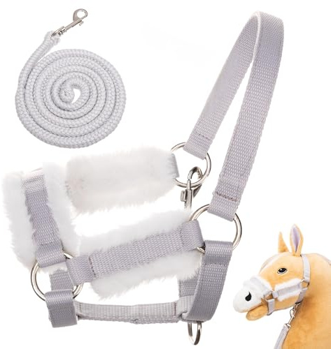 Hoofly Hobby Horse Zubehör – Halfter in Grau, mit Strick & Karabinerhaken [TÜV geprüft] für Steckenpferde in DIN A3 Größe – Hochwertige Ausstattung im Set - Ideal für Spiel & Training