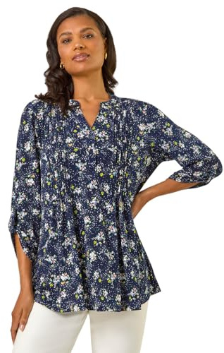 Roman Originals Pintuck Shirt for Women Ladies Jersey Blouse Collarless Top Flare Crinkle Notch Neck Tunic 3/4 Length Sleeve Longline Smart Casual Party Going Out - Navy Floral - Size 20