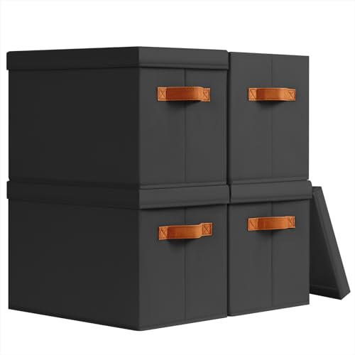 Homsorout Aufbewahrungsboxen mit Deckel - 4er Set Aufbewahrungskorb Stoff Faltbare Aufbewahrungsbox mit Transparentem Sichtfenster, 35 x 25 x 25 cm Faltbox für Kleidung, Würfelregal, Schwarz