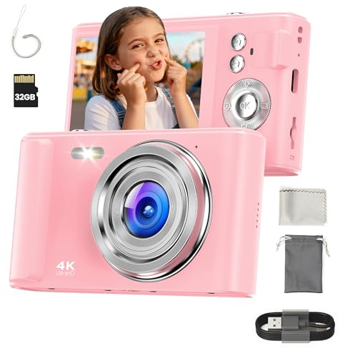 Digitalkamera 4K 48MP - Digital Kamera mit 16X Digitalzoom für Kinder - Autofokus Kompaktkamera Mini- Fotoapparat mit 32GB Karte - Fotokamera mit 1000mAh Akku - Digital Camera Rosa für Teenager