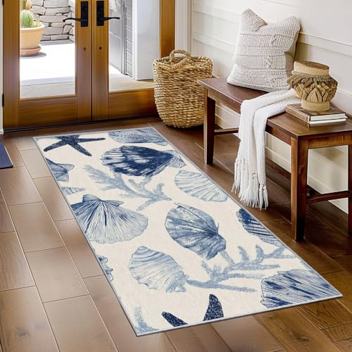 Generisch Läufer Flur Muschel Korallen, Waschbarer Teppich Läufer Strand Maritim 60x120, Küchenteppich, Eingangsbereich, Bettvorleger, Schlafzimmer Deko, rutschfest, Kurzflor h922