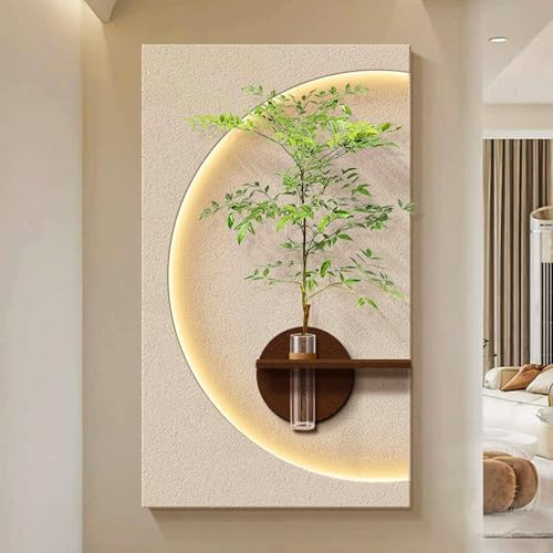 Yidlkecqey 3D-Wandkunst-Dekoration mit Vase und künstlichen Pflanzen, LED-Wandkunst-Dekor aus Sandsteingrün, Wandbild-Dekor für Wohnzimmer, Eingang, Flur(A,50x87cm/19.7x34.2in)
