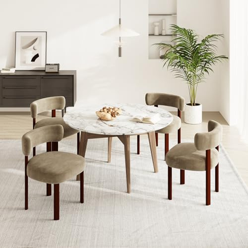 COLAMY Mid-Century Modern Design Sherpa Esszimmerstühle 4er Set, Vintage Landhaus-Stil Bouclé Küchenstühle mit offener geschwungener Rückenlehne für Esszimmer, Restaurant, Khaki