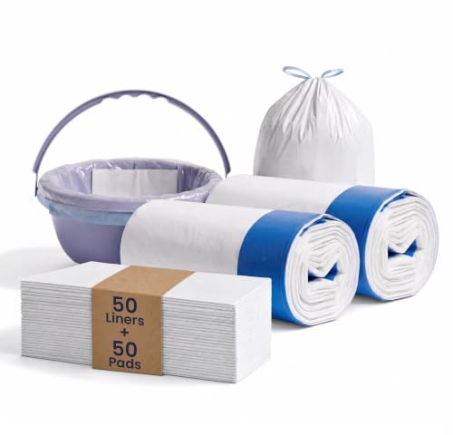 Commode Liners with Absorbent Pad, Disposable Potty Liners, 50 Pack | fits commode bucket and commode toilet chair, camping toilet bags, portable toilet bags, elderly aids for daily living