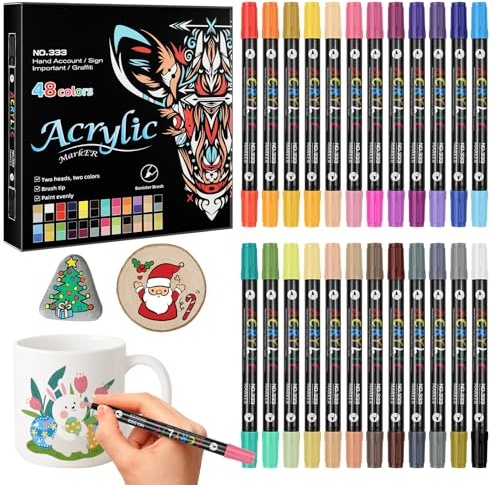 XZMCAT 24er Set Porzellanstifte mit Doppelspitze in 48 Farben Acrylmarker | Keramikstifte & Glasmalstifte Spülmaschinenfest Nach Einbrennen, für Glas, Keramik, Holz, Stein & Ostern DIY Bemalen