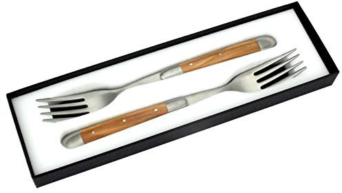 Forge de Laguiole - 2er Set Gabeln - Griff Oliven-Holz - Steakgabeln Frankreich - Stahl matt