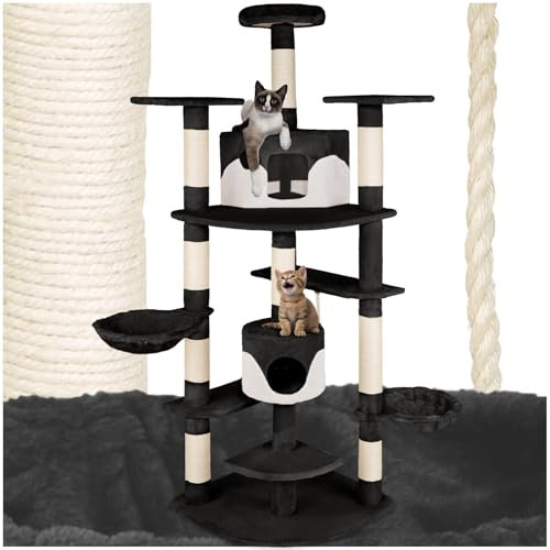 tectake® Katzen Kratzbaum groß, Katzenbaum mit Zubehör und Katzenspielzeug, XXL Katzenkratzbaum mit 2X Katzenhaus, Spielturm mit Kratzsäule, Kratzstamm aus Sisal - schwarz/weiß