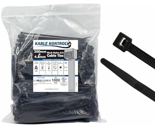 Kable Kontrol Black Cable Ties, 200 mm x 4.8 mm, Pack of 1000, 8 Premium Nylon Zip Ties, Multi-Purpose Plastic Tie Wraps, Secure Self-Locking Mechanism, for Home, Garden, Office and DIY