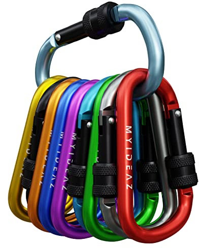 MyIdeaz Schraubkarabiner Rostfrei 10 Stück Premium Aluminium Outdoor Karabiner D-Ring Verschluss, Schnappkarabiner zum Wandern, Schlüsselanhänger, Camping, Haustiere, Angeln, Haus und Garten
