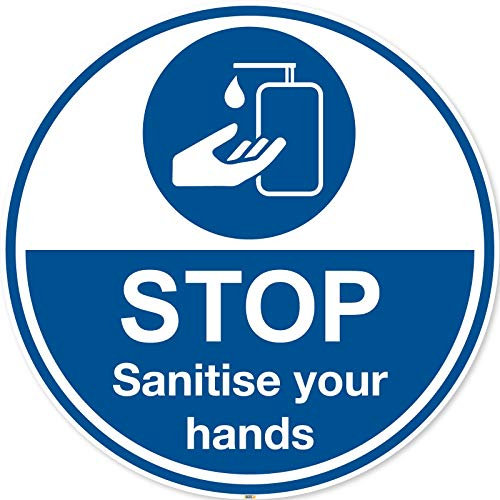 Lot de 12 panneaux de signalisation Stop Sanitise your hands - Marqueurs antidérapants - Protection contre les virus obligatoire - Mesure de distance sociale - Cercle de 300 mm de diamètre