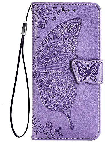 TANYO Funda para Samsung Galaxy A21s, Carcasa PU/TPU Flip Cuero Billetera con Efectivo y Tarjetas Ranuras, Mariposa 3D Case Cover Estuche Púrpura Claro