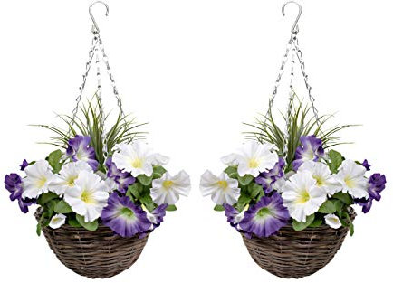 2x Artificial Hanging Baskets | Round Rattan with Faux Purple & White Petunias | Decorative Grasses | 25cm | Indoor & Outdoor Use