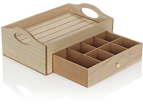 com-four® Vassoio Rustico per il Tè - Vassoio in Legno con Cassetto per il Tè - Scatola da Tè in Stile Vintage con 7 Scomparti - Contenitore per il Tè (Legno - beige)