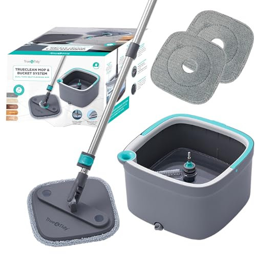 True & Tidy, True Clean Mop and Bucket, Includes Mop, Mop Bucket and 2 Thick Washable Microfiber Mop Pads, SPIN-800, Gray