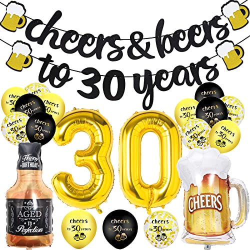 30th Birthday Decorations, Birthday Decor for Men Women, Happy 30th Balloons with Cheer Banner, Number 30 Foil Balloons, 30th Sign Black Gold Balloons and Cups Foil Balloons