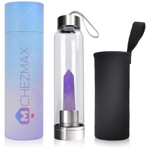 ChezMax Crystal Glass Water Bottle Energy Quartz Gemstone Water Bottle with Changeable Natural Crystal Center for Healing and Wellness Amethyst