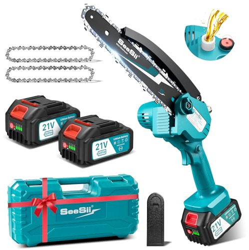 SEESII 8 Pollici Mini Motosega a Batteria 2x4000mAh, Motosega Elettrica con Iniettore Lubrificante e Catena di Ricambio, Sega a Batteria per Potatura Per il Giardinaggio e il Taglio della Legna