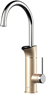 SKYLYZH Elektrische Edelstahl-Armatur, Wasserhahn Küche, Edelstahl Küchenarmatur, Elektrische Durchlauferhitzer, Waschbecken Armaturen, LED Temperaturanzeige, 360° drehbarer Wasserhahn-Gold