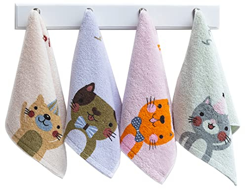 Kissvian 4 Pack Cute Cat Pattern Hand Towels, Pure Cotton Children Bathroom Towel Animals, Fingertip Bath Towels for Home, Kids Washcloths