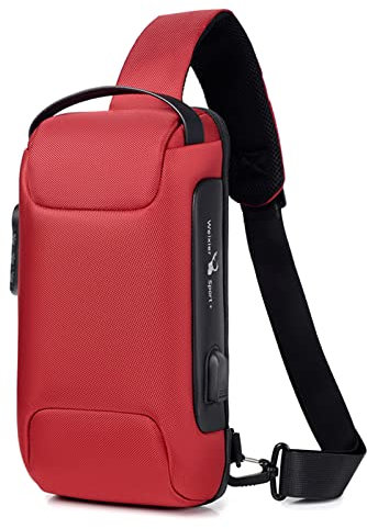 FANDARE Brusttasche Diebstahlschutz Sling Bag Herren Damen Umhängetaschen mit USB-Ladeanschluss Schultertasche Crossover Rucksack Daypacks für Reisen Wandern Mehrere Taschen Crossbody Pack Rot