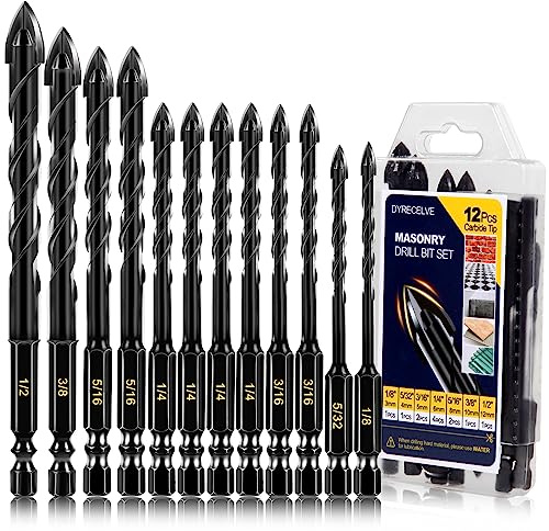 DYRECELVE 12-Piece Masonry Drill Bit Set, Concrete Bits, Carbide Cross Tip