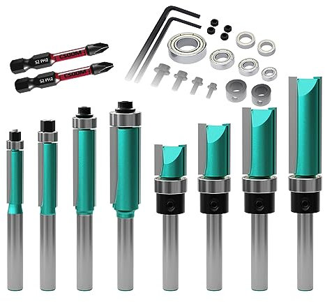CSOOM Juego de 8 brocas de enrutador, 4 brocas de fresadora rectas, 4 brocas rectas de flauta, con 2 brocas magnéticas de impacto, 6 rodamientos, 2 llaves, ideal para cortar materiales de madera