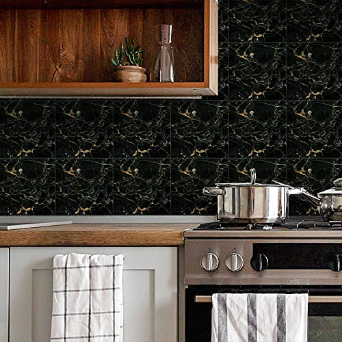 Alwayspon Peel and Stick Floor Tile Stick on Floor Tiles, Vinyl Floor Sticky Back Sticker, Non-Slip Floor Tiles Self-Adhesive Sticker Decals, Black Marble Effect, 30cmX30cmX12Pcs