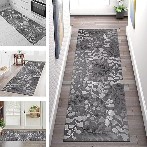 Teppich Läufer Lang Flur Küche rutschfest waschbar Korridor Tepiche Küchenläufer 90X350CM Grau Blumen Teppichläufer Matte Meterware Kücheteppich Schlafzimmer Wohnzimmer Flurmatten Breit 40-120cm
