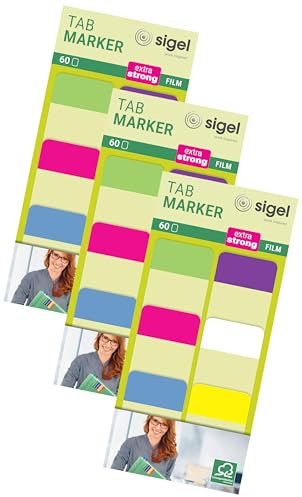 SIGEL HN203 Tab Marker, extra starke Haftmarker, 25 x 38 mm, 60 Streifen (Packung mit 3)