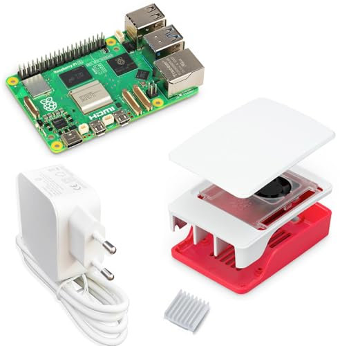 Raspberry Pi 5 4GB Starter-Kit/USB-C 45W Netzteil/Gehäuse mit Lüfter/Rot - Weiß