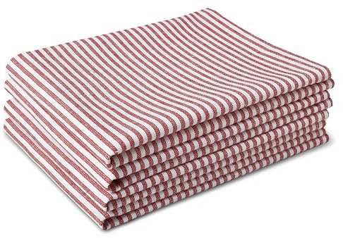 Encasa XO Kitchen Cloth for Cooking | Cotton Hand Towel for Drying Dishes | 70x45 cm Tea Towels | Highly Absorbent for Cleaning & Quick Drying of Plates & Glasses | Ticking Red (Set of 4 Pieces)