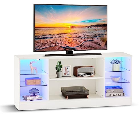 CLIPOP Lowboard Hochglanz Weiß,TV Schrank mit LED-Beleuchtung Fernsehschrank Fernsehtisch mit Glasregal Wohnzimmer Möbel Tisch Board,130 x 34 x 57 cm