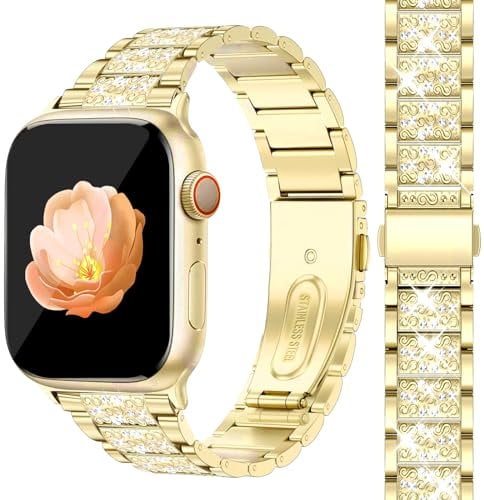 Newlibery Correa brillante con funda brillante para mujer compatible con Apple Watch de 38 mm, elegante joyería elegante, funda protectora de eslabones de metal para iWatch Series