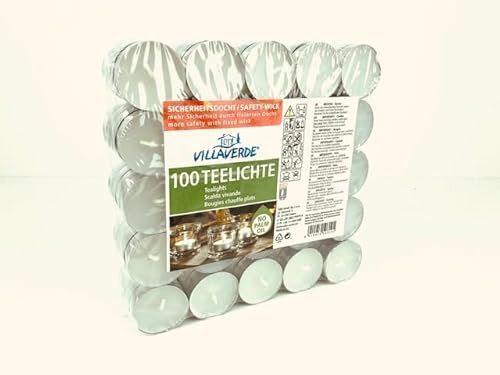 100 weiße Teelichter von VILLAVERDE, beste Qualität, rußfrei, OHNE PALMÖL, 1 Pack a' 100 Stück, ohne Duft, Dm 39mm, H 20mm, Brenndauer 4 h .Einfach wunderbar ...