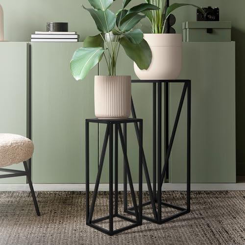 ML-Design Blumenständer 2er Set, Schwarz, 21,5x21,5x57,4 cm/26x26x73,5 cm, Stahl, Metallgestell Pflanzenständer, Blumentopfhalter 2-TLG, Blumentopfständer hoch, Blumenhocker Pflanztopf Deko Satztisch